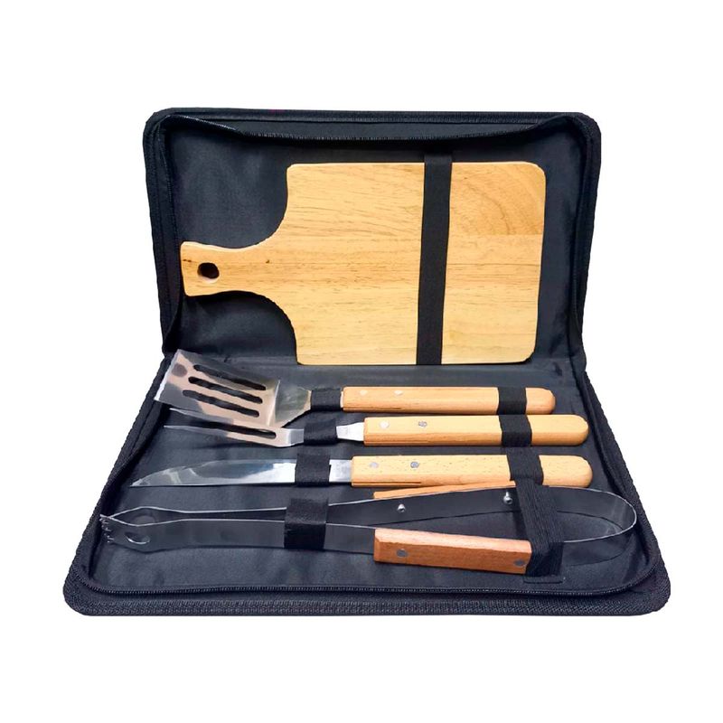 JUEGO PARA ASADO CON TABLA DE BAMBU Y ESTUCHE 5PZS 