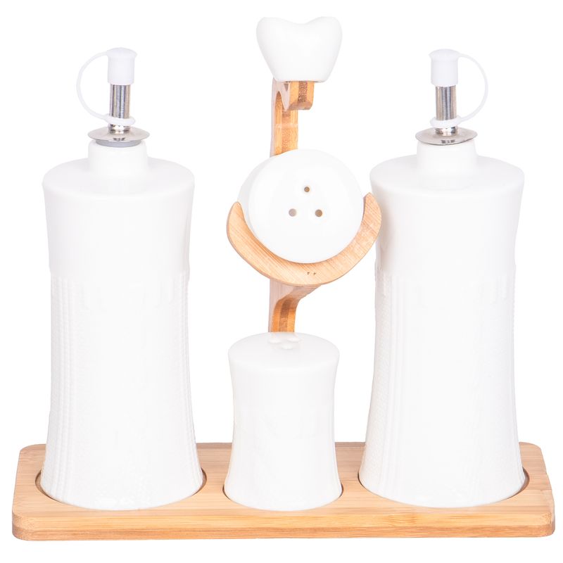 CONDIMENTERO DE CERAMICA 4 PIEZAS + SOPORTE