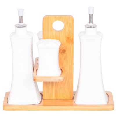 CONDIMENTERO DE CERAMICA 4 PIEZAS + SOPORTE DE BAMBU