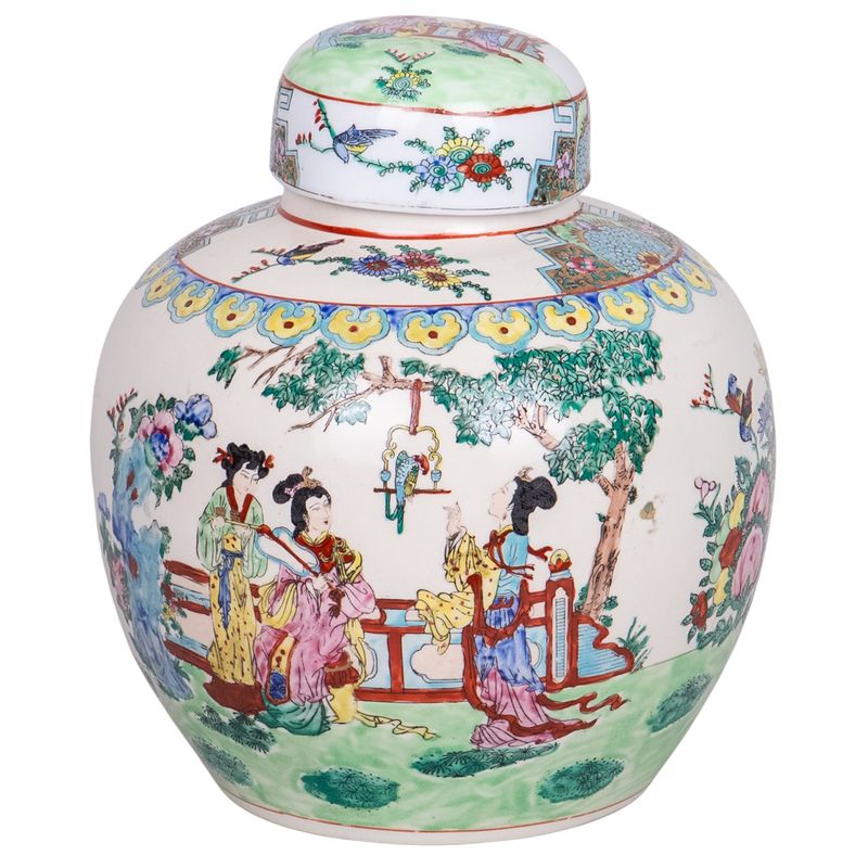 JARRON DE PORCELANA FLOREADO CON TAPA ESTILO ORIENTAL