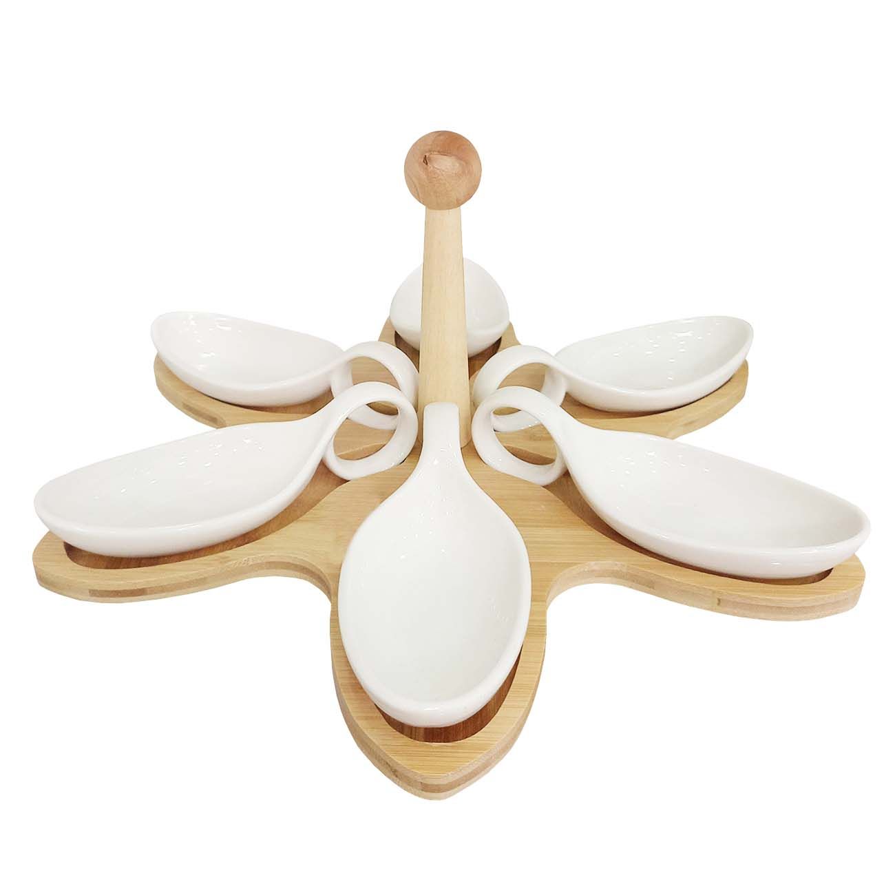 SET BANDEJITAS PARA PICADAS DE CERAMICA CON BASE DE BAMBU