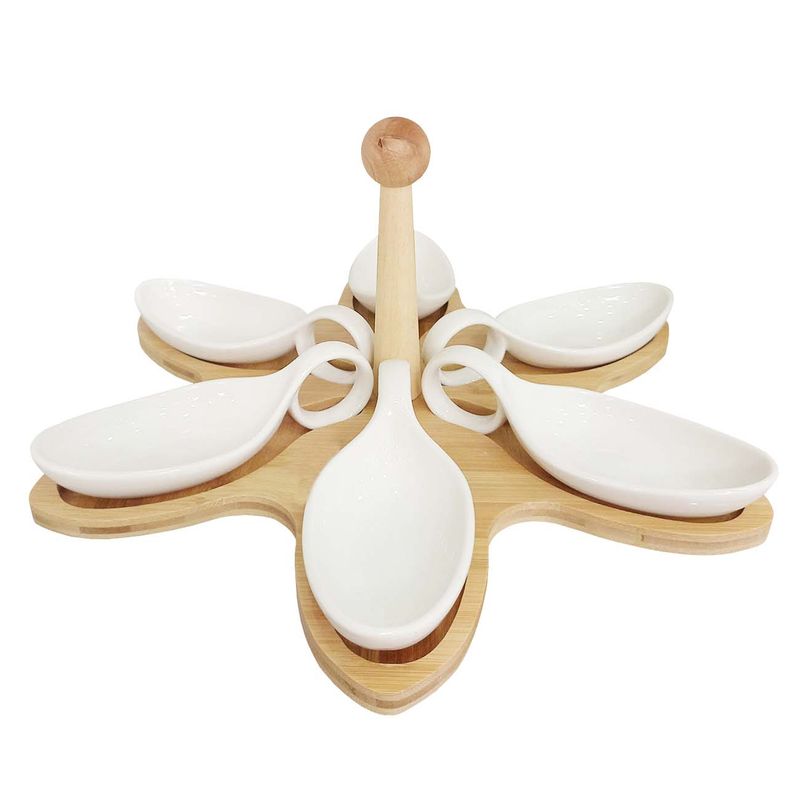 SET BANDEJITAS PARA PICADAS DE CERAMICA CON BASE DE BAMBU