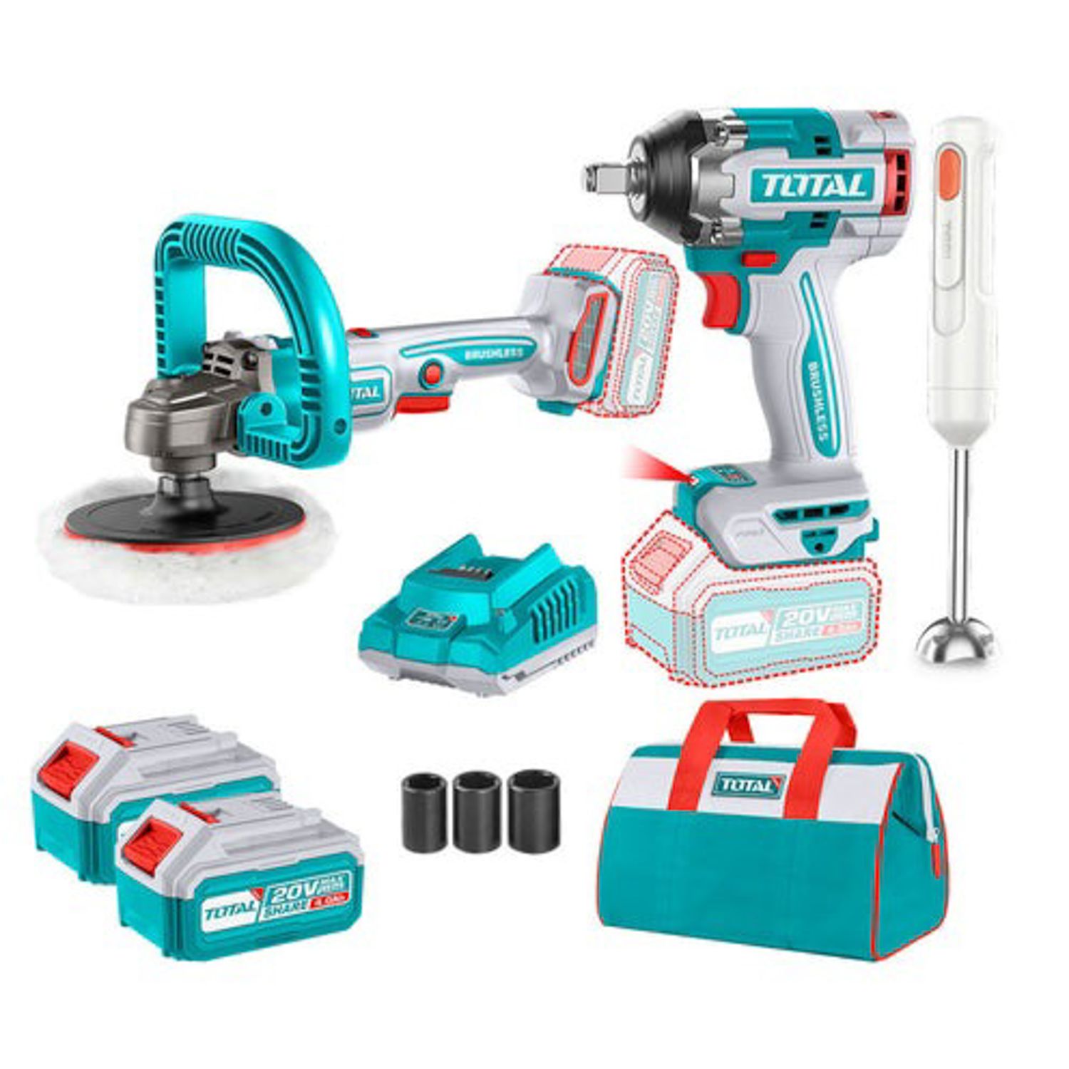 KIT TOTAL LLAVE DE IMPACTO + PULIDORA + BATIDORA 3PZS 20V 