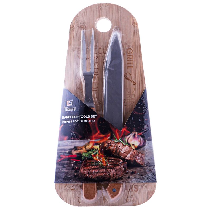 JUEGO PARA ASADO CUCHILLO TENEDOR Y TABLA DE BAMBU OVAL 3PZ