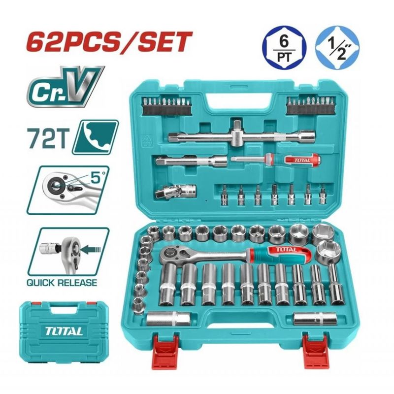 KIT DE HERRAMIENTAS TOTAL JUEGO DE DADOS 1-2&quot; 62PZS