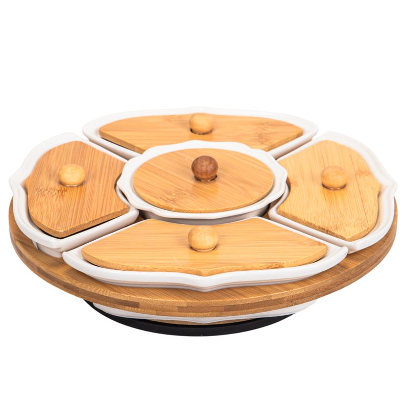SET DE BANDEJA PARA PICADAS DE PORCELANA CON BASE DE BAMBÚ  5 DIVISORIAS