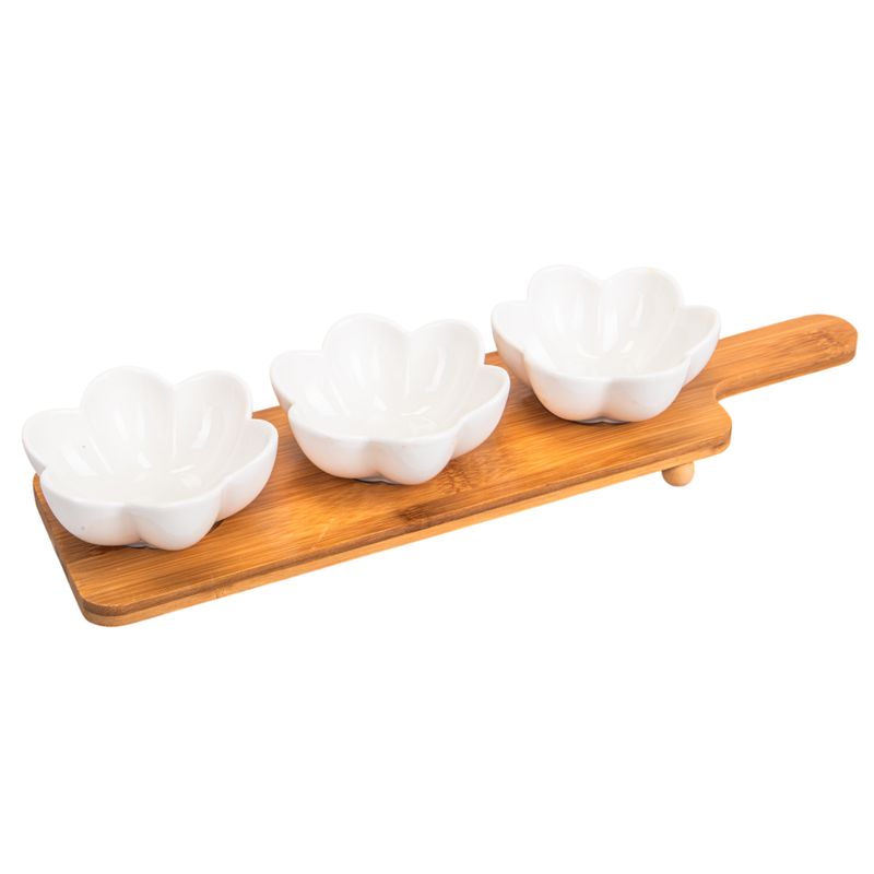 SET DE BANDEJA PARA PICADAS DE PORCELANA CON BASE DE BAMBÚ  3 DIVISORIAS