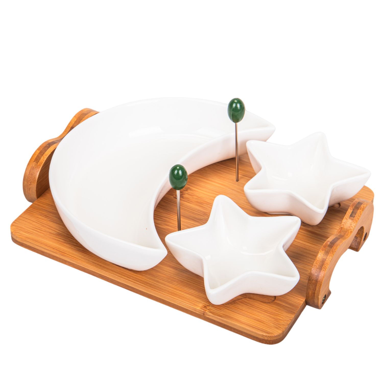 SET DE BANDEJA PARA PICADAS DE PORCELANA CON BASE DE BAMBÚ  3 DIVISORIAS
