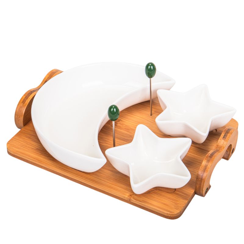 SET DE BANDEJA PARA PICADAS DE PORCELANA CON BASE DE BAMBÚ  3 DIVISORIAS