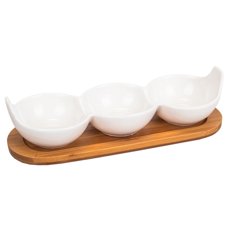 SET DE BANDEJA PARA PICADAS DE PORCELANA CON BASE DE BAMBÚ  3 DIVISORIAS