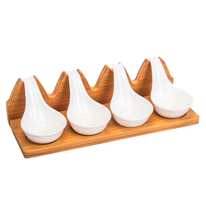 PETISQUERO DE PORCELANA C/ BASE DE BAMBÚ  SET 5PZS,