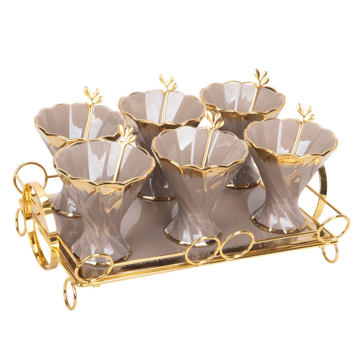 JUEGO DE COMPOTERAS DE PORCELANA CON CUCHARA Y BASE DE MADERA 6 PZS - BEIGE CON DORADO