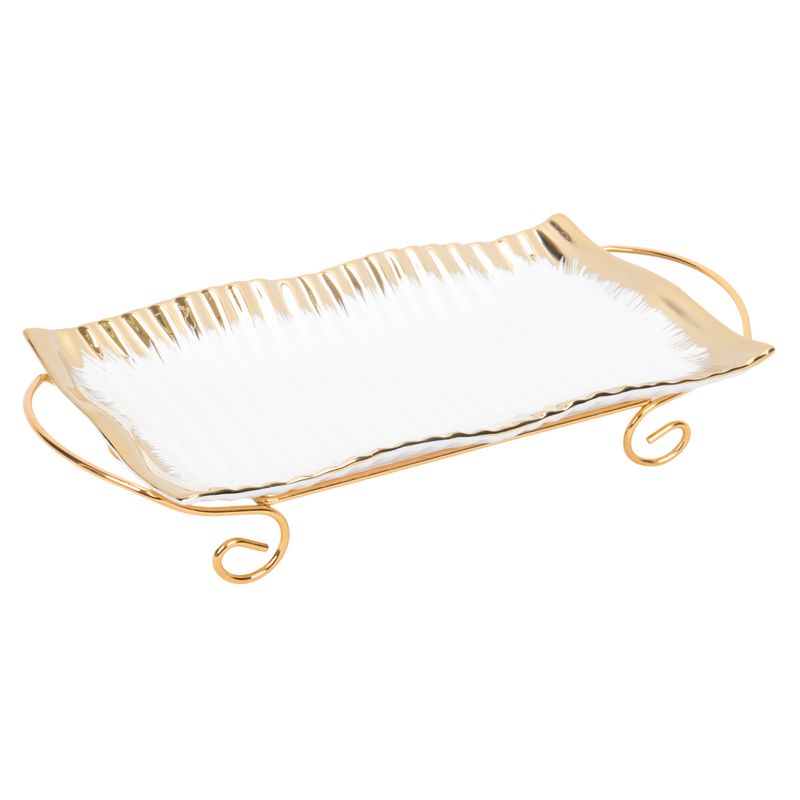 BANDEJA DE PORCELANA CON  SOPORTE METALICO - BLANCO CON DETALLE DORADO