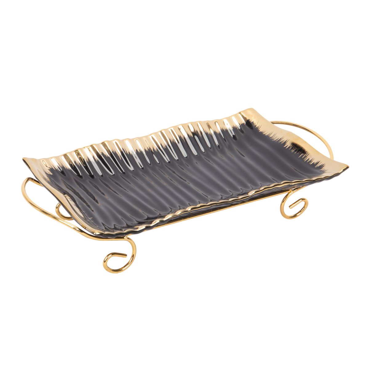 BANDEJA DE PORCELANA CON  SOPORTE METALICO - NEGRO CON DETALLE DORADO