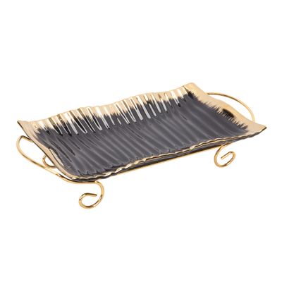 BANDEJA DE PORCELANA CON  SOPORTE METALICO - NEGRO CON DETALLE DORADO
