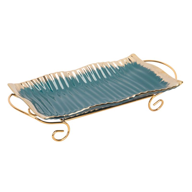 BANDEJA DE PORCELANA CON  SOPORTE VERDE CON DETALLE DORADO