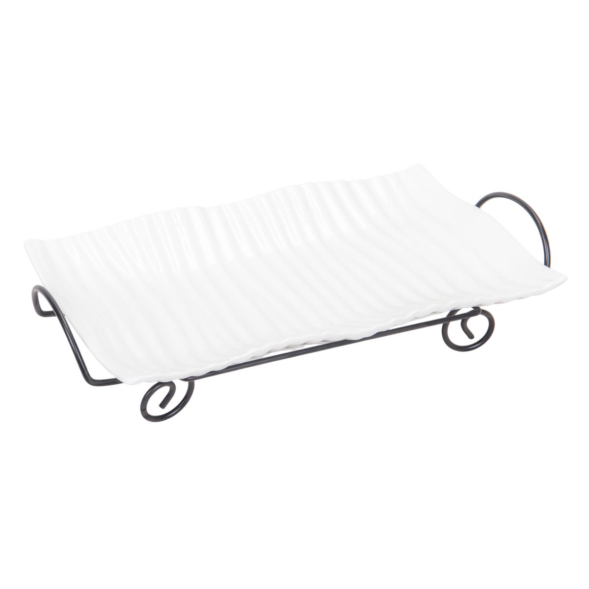 BANDEJA DE PORCELANA CON  SOPORTE METALICO - BLANCO