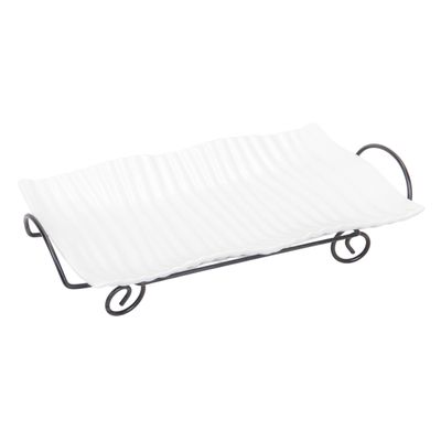BANDEJA DE PORCELANA CON  SOPORTE METALICO - BLANCO