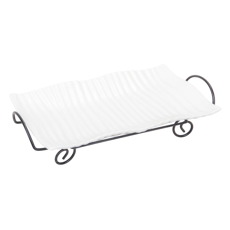 BANDEJA DE PORCELANA CON  SOPORTE METALICO - BLANCO
