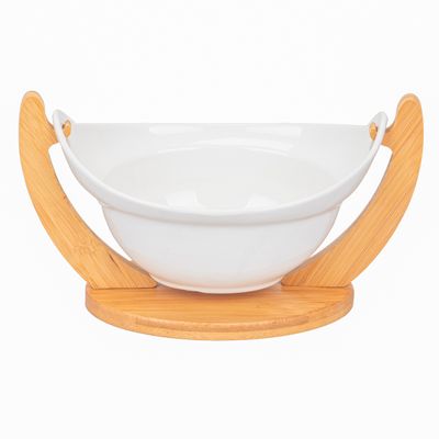 ENSALADERA DE PORCELANA CON BASE DE MADERA