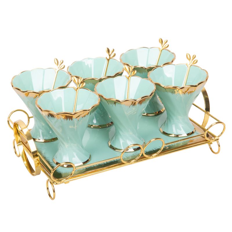 JUEGO DE COMPOTERAS DE PORCELANA CON CUCHARA Y BASE DE MADERA 6 PZS - TURQUESA CON DORADO
