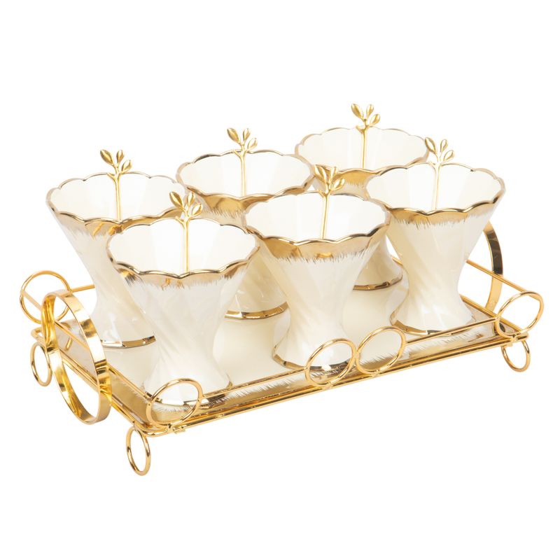JUEGO DE COMPOTERAS DE PORCELANA CON CUCHARA Y BASE DE MADERA 6 PZS - AMARILLO CON DORADO