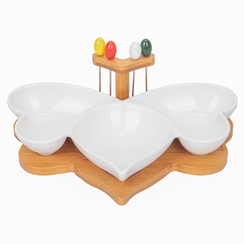 SET DE BANDEJA PARA PICADAS DE PORCELANA CON BASE DE BAMBÚ  5 DIVISORIAS