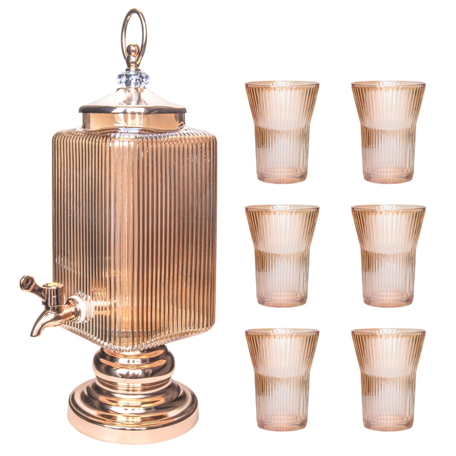 DISPENSADOR CUADRADO 3 LITROS Y 6 VASOS DE 180ML DORADO