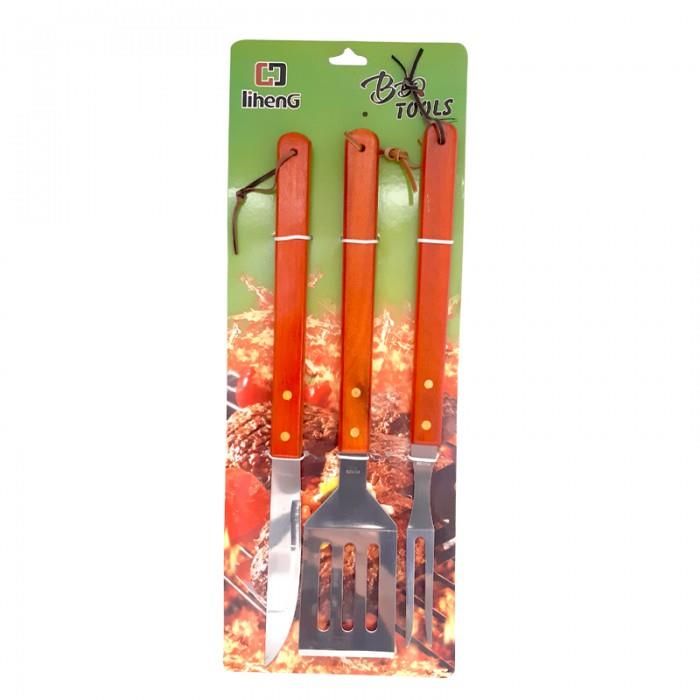 KIT ASADERO 3 PCS  MANGO DE MADERA 