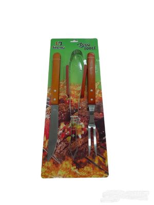 JUEGO PARA ASADO CUCHILLO, TENEDOR, PINZA C/MANGO MADERA 3PZS 
