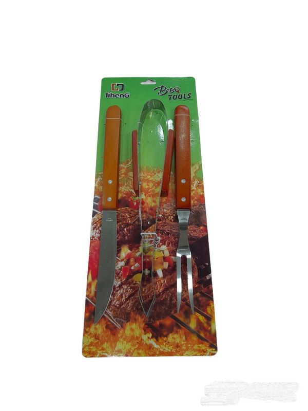 JUEGO PARA ASADO CUCHILLO, TENEDOR, PINZA C/MANGO MADERA 3PZS 