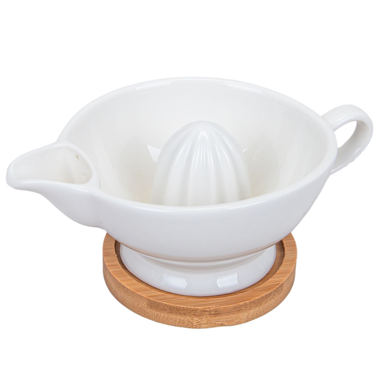EXPRIMIDOR DE LIMON DE PORCELANA CON BASE DE MADERA