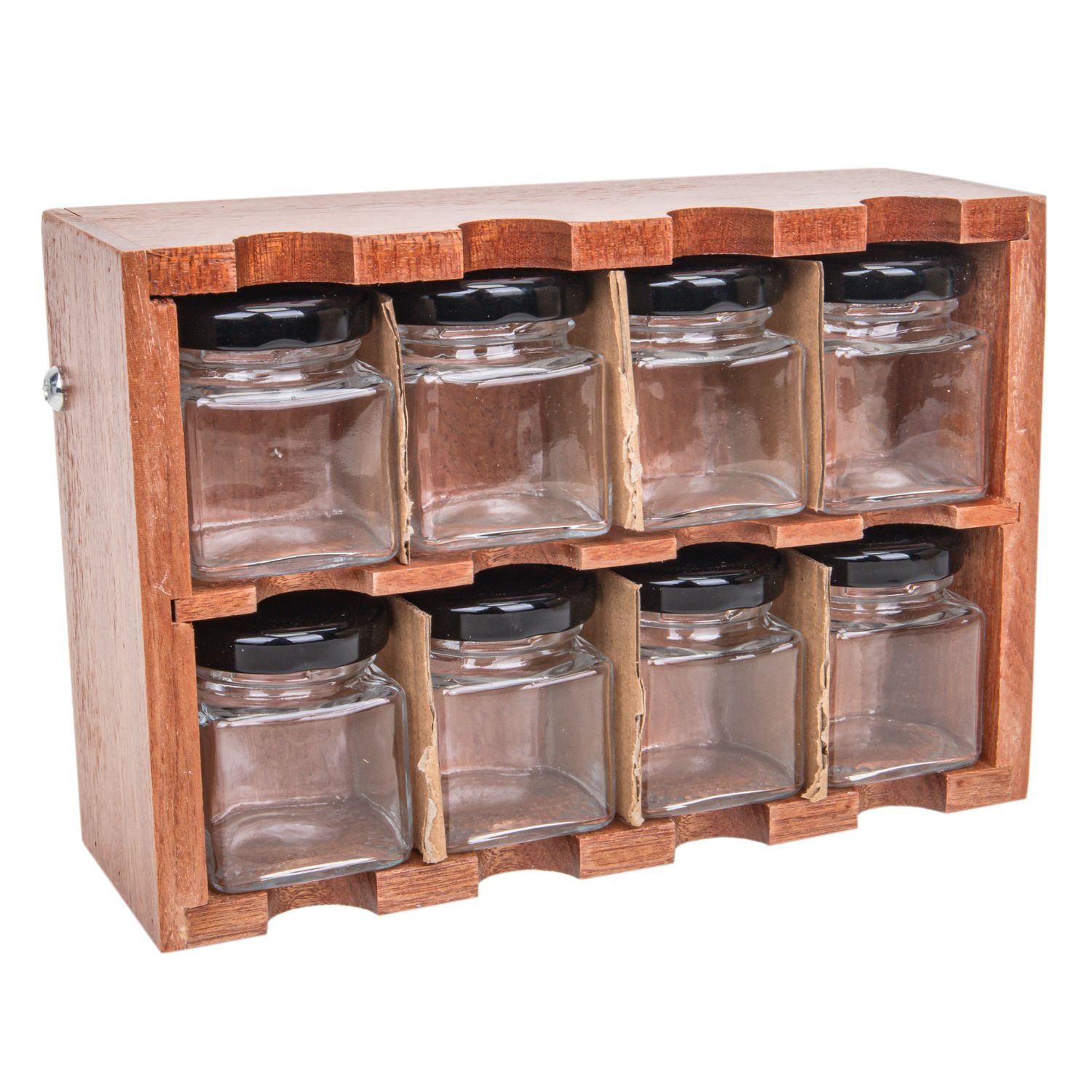 CONDIMENTERO CON BASE DE MADERA CON 8 FRASCOS DE VIDRIOS