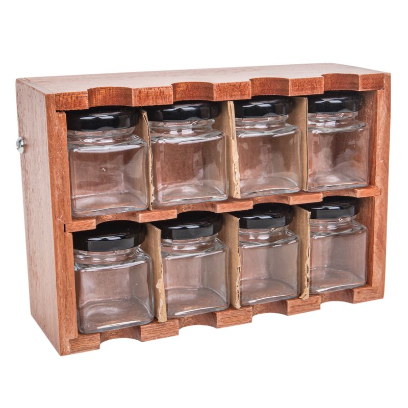 CONDIMENTERO CON BASE DE MADERA CON 8 FRASCOS DE VIDRIOS