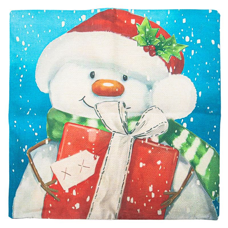 FUNDA DE ALMOHADA NAVIDEÑA 43X43CM MUÑECO DE NIEVE CON REGALO