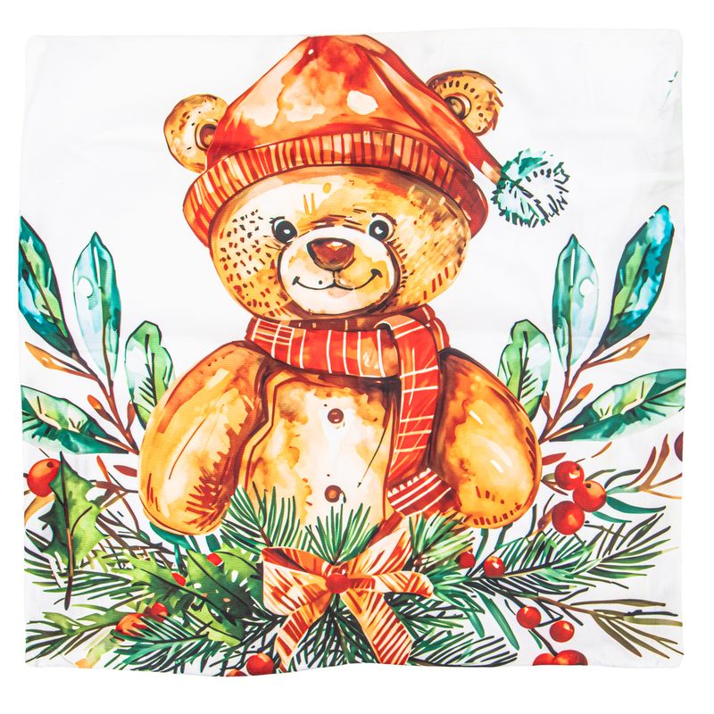 FUNDA DE ALMOHADA NAVIDEÑA 43X43CM CON DISEÑO DE OSITO DE NAVIDAD