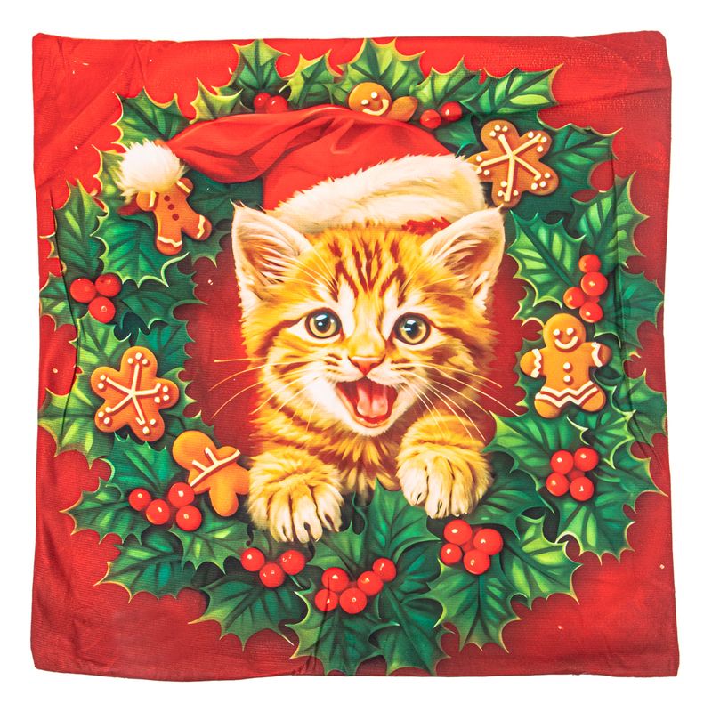 FUNDA DE ALMOHADA NAVIDEÑA 43X43CM CON DISEÑO DE GATITO
