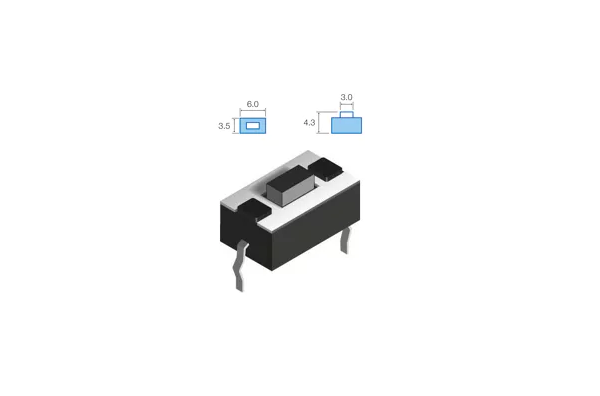 Botão miniatura 3.5x6x(4.3)mm, horizontal, 2 pinos