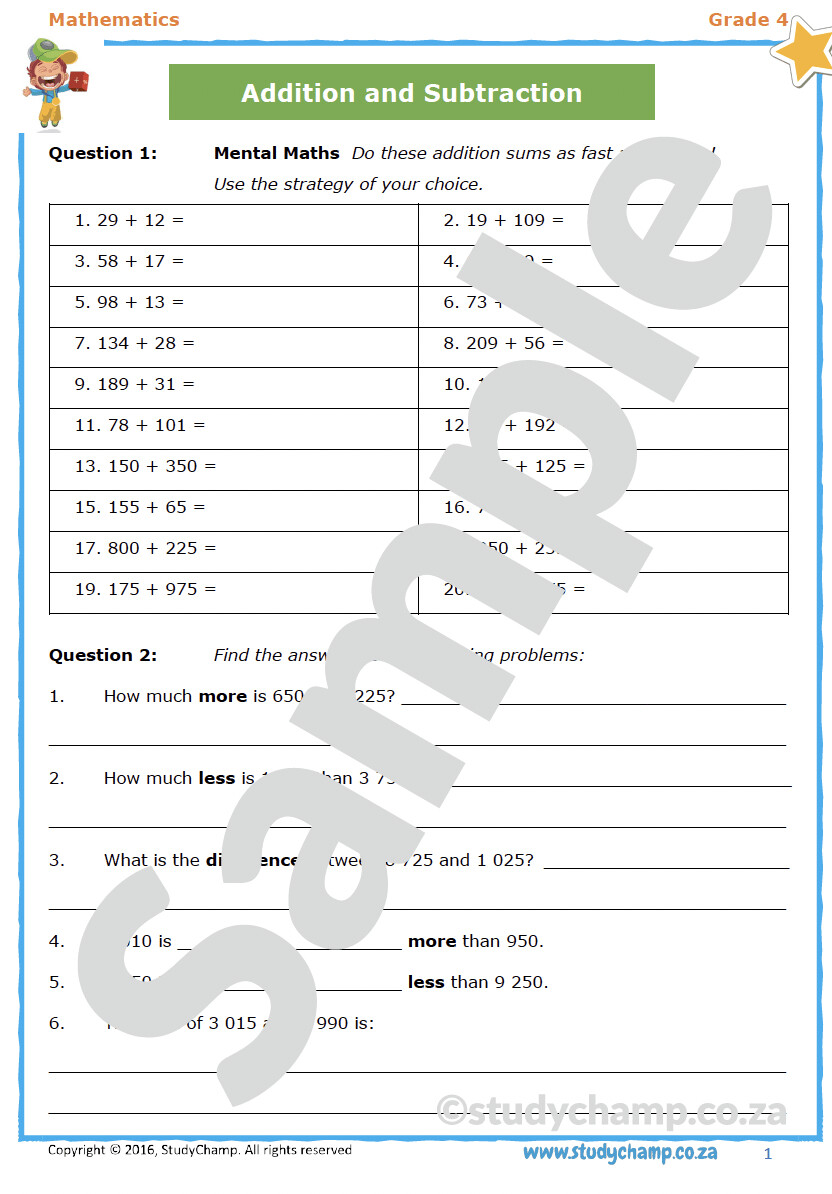 Grade 4 Mathematics worksheet: Addition and Subtraction