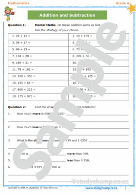 Grade 4 Mathematics worksheet: Addition and Subtraction
