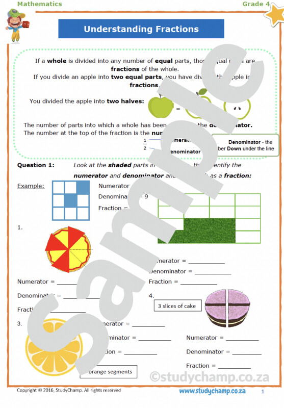 Grade 4 Mathematics worksheet: Fractions A