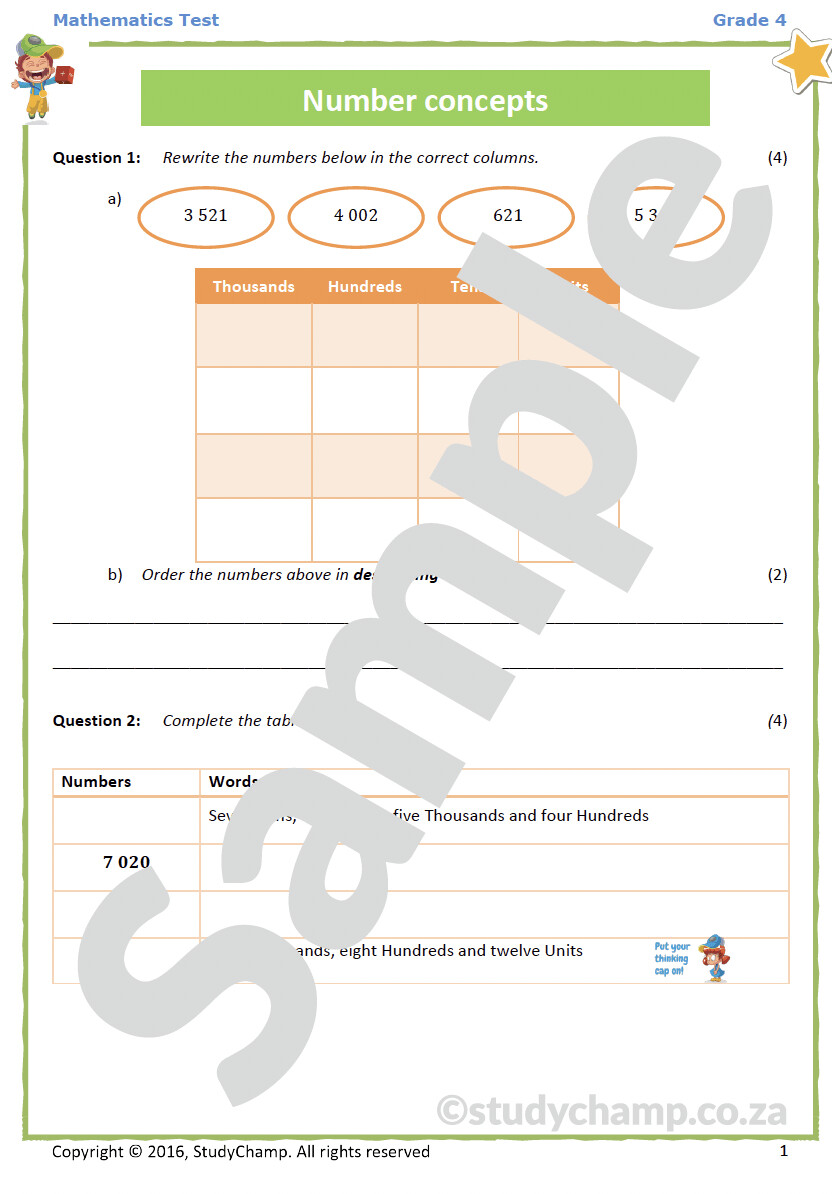 Grade 4 Mathematics Test: Number concepts and Money