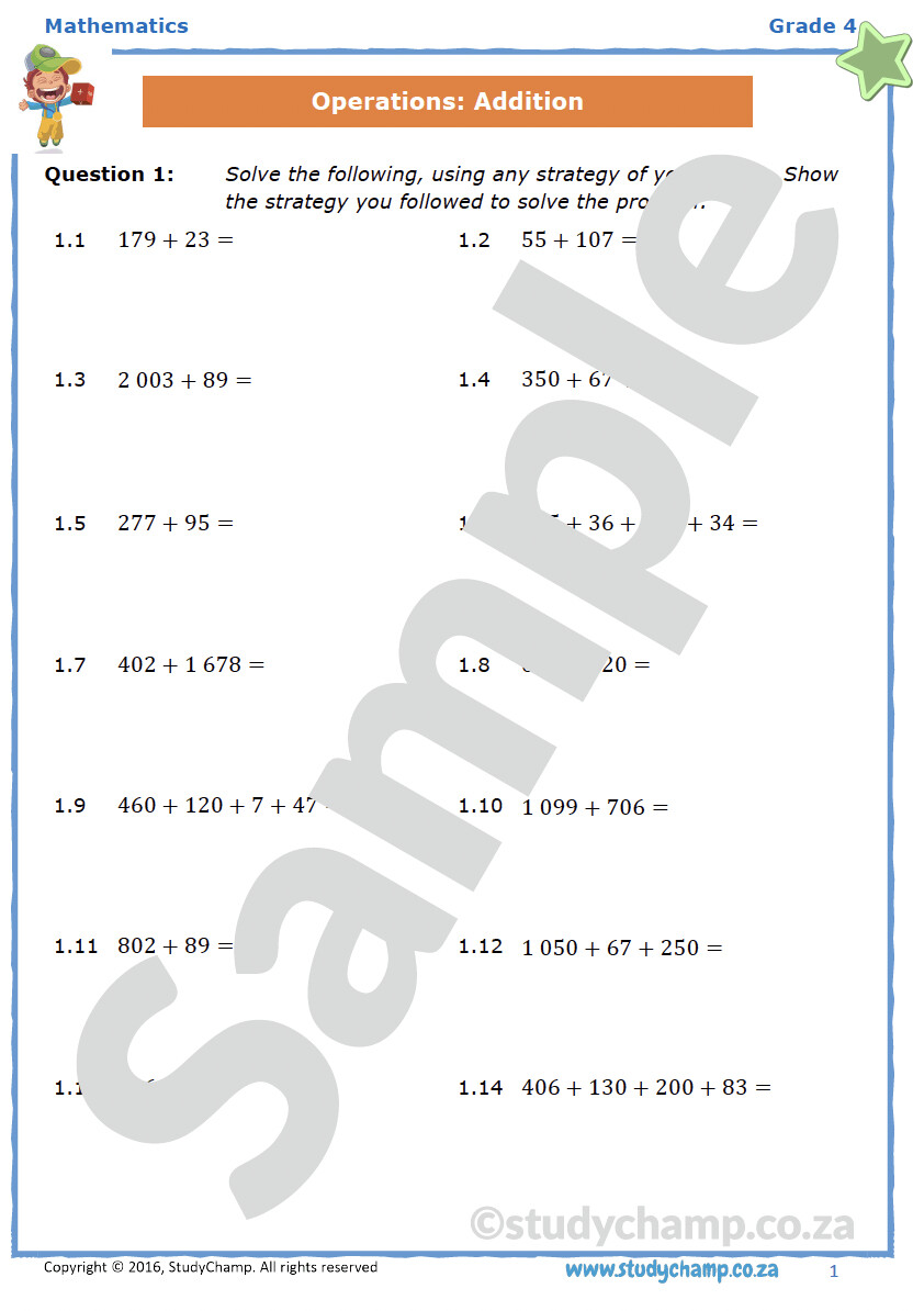 Grade 4 Mathematics worksheet: Addition, Number lines and Problem solving
