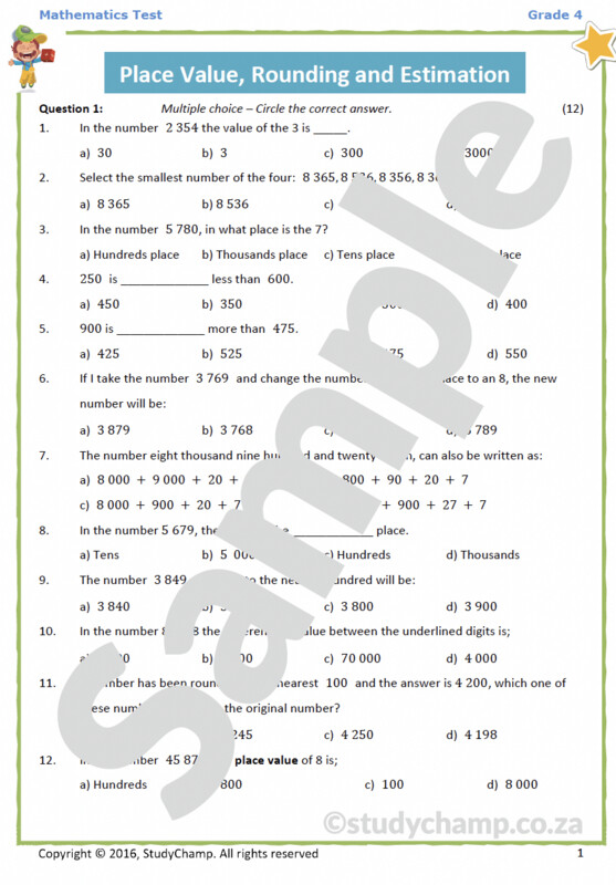 Grade 4 Mathematics Test: Number value, Place value, Rounding and Estimation