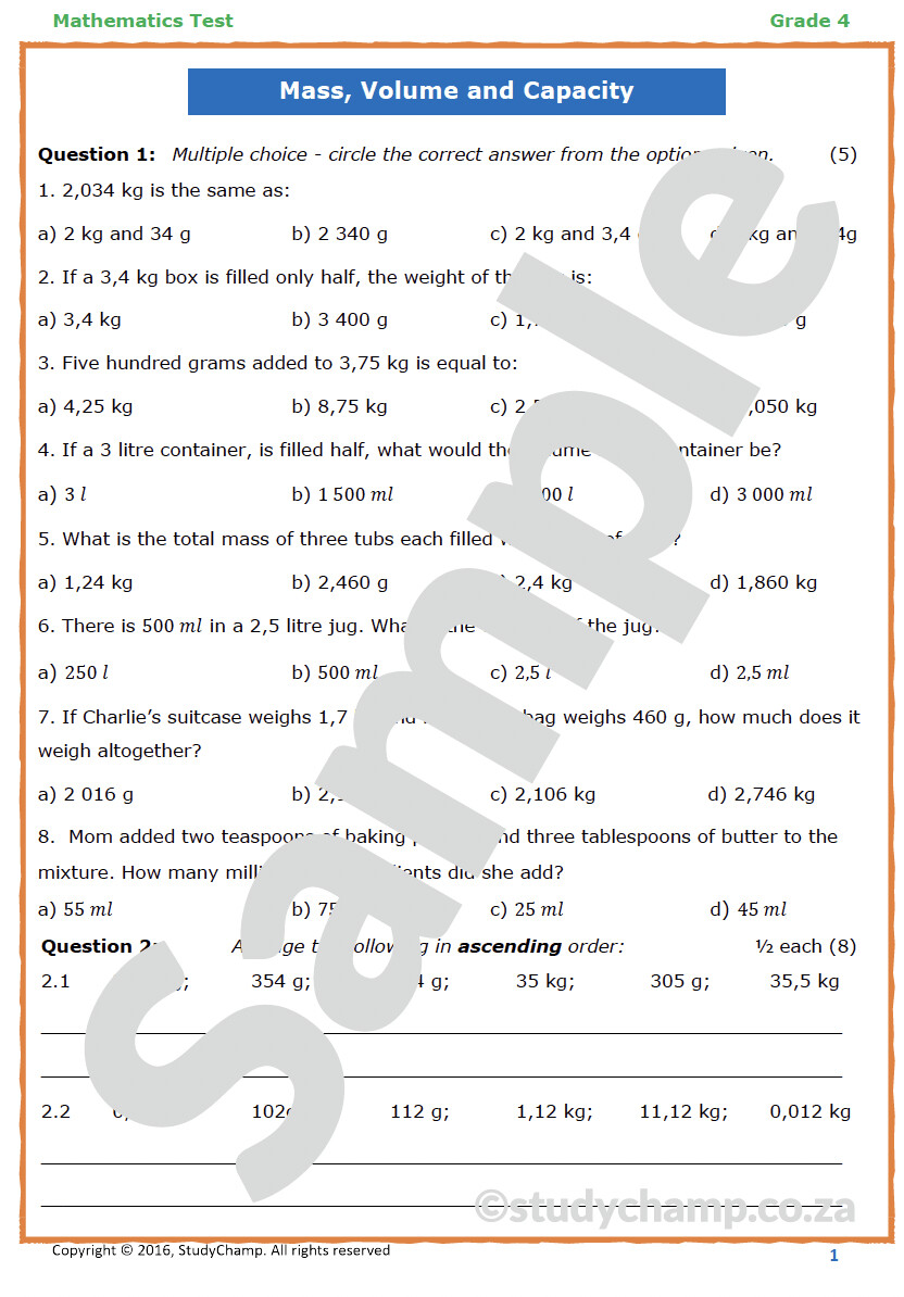 Grade 4 Mathematics Test: Measurement - Capacity, Volume and Mass