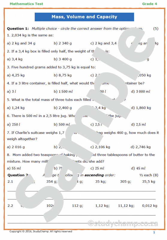 Grade 4 Mathematics Test: Measurement - Capacity, Volume and Mass
