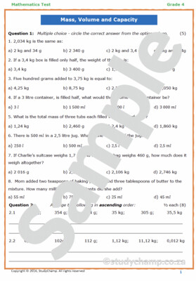 Grade 4 Mathematics Test: Measurement - Capacity, Volume and Mass