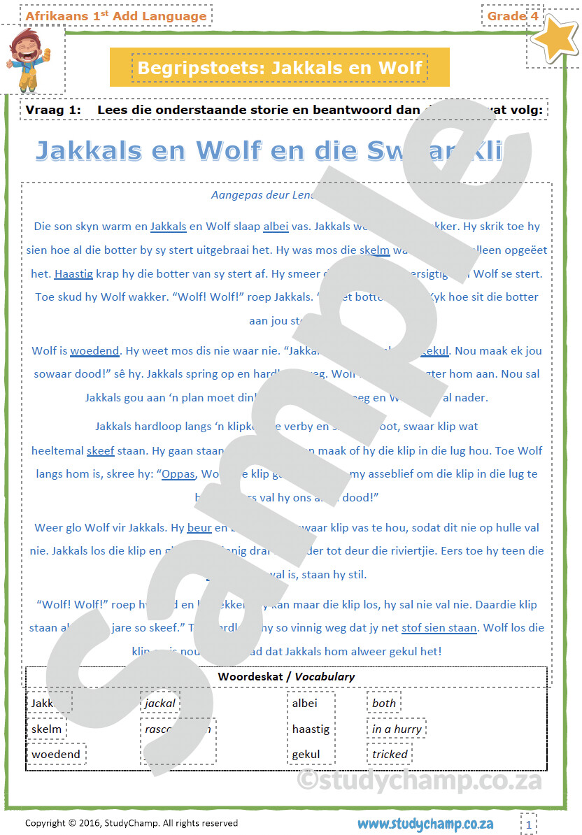 Grade 4 Afrikaans Begrip: Jakkals en Wolf en die Swaar Klip