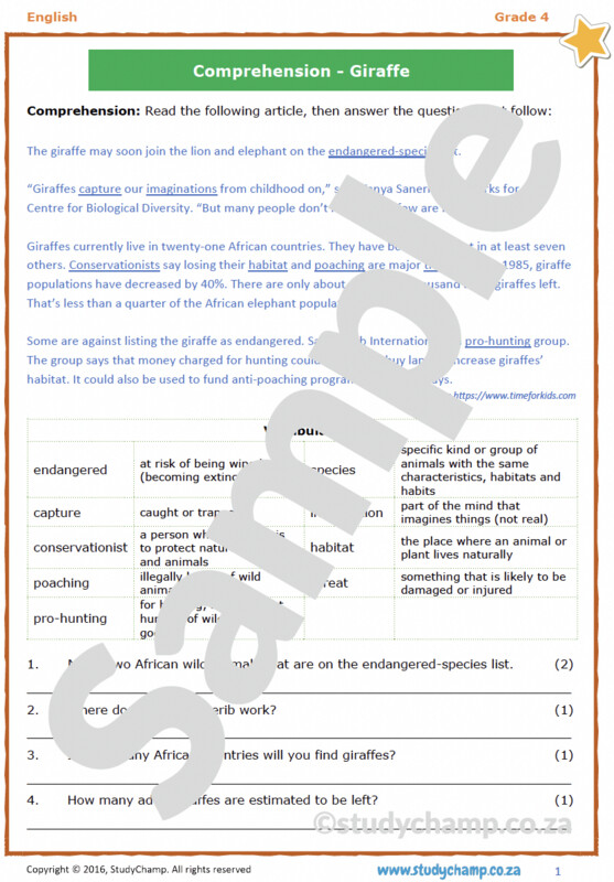 Grade 4 English Comprehension: Giraffes