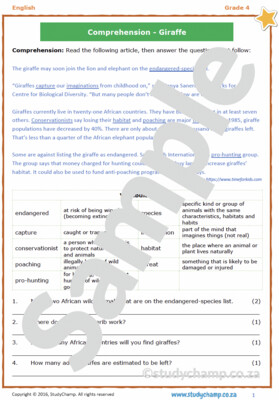 Grade 4 English Comprehension: Giraffes